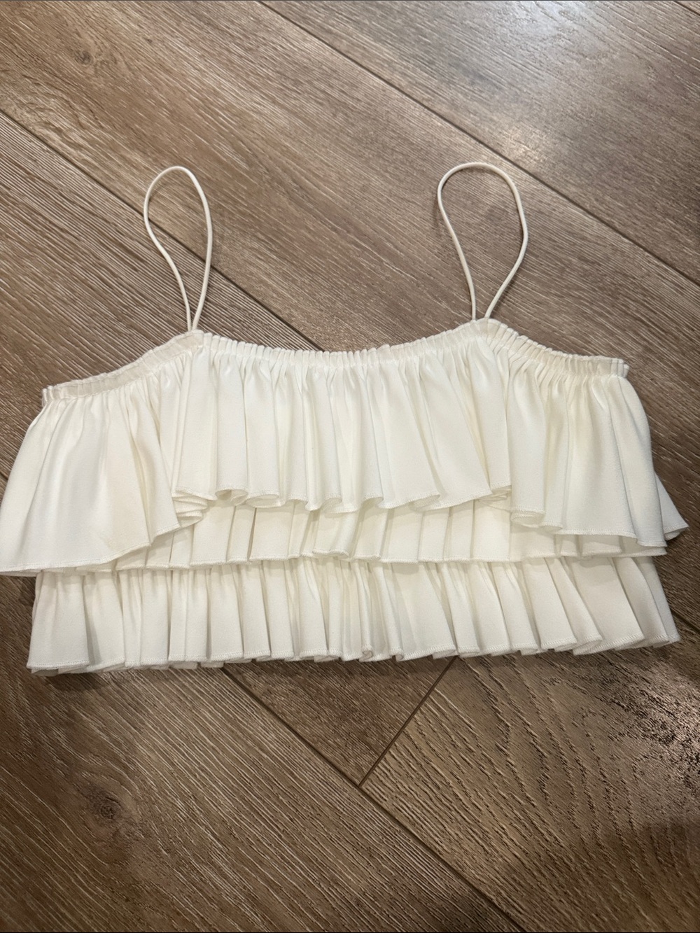 Zara Cream Ruffled Spaghetti-Strap Crop Top